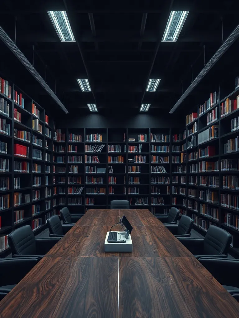 A high-contrast dark interior of a modern office library wit